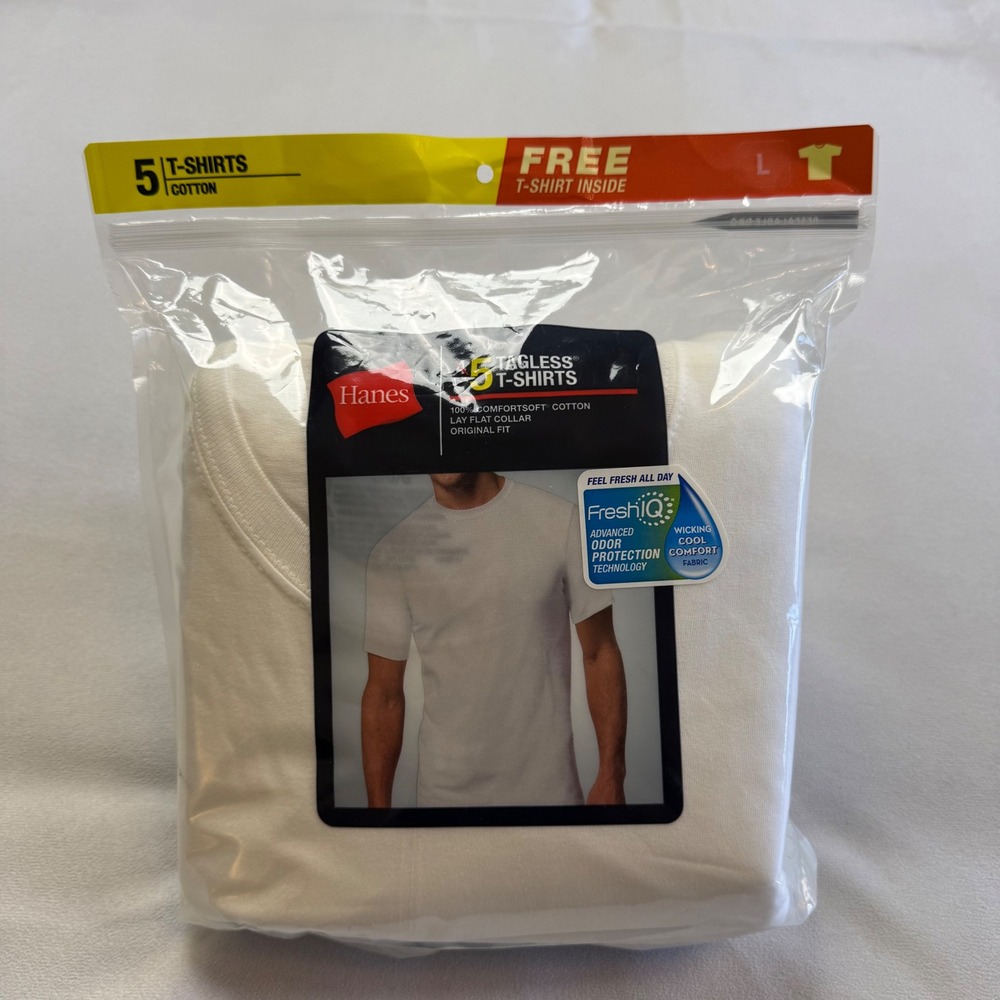 Hanes Mens Tagless White T-Shirts 5 Pack Crew Neck Cotton Undershirts Size L